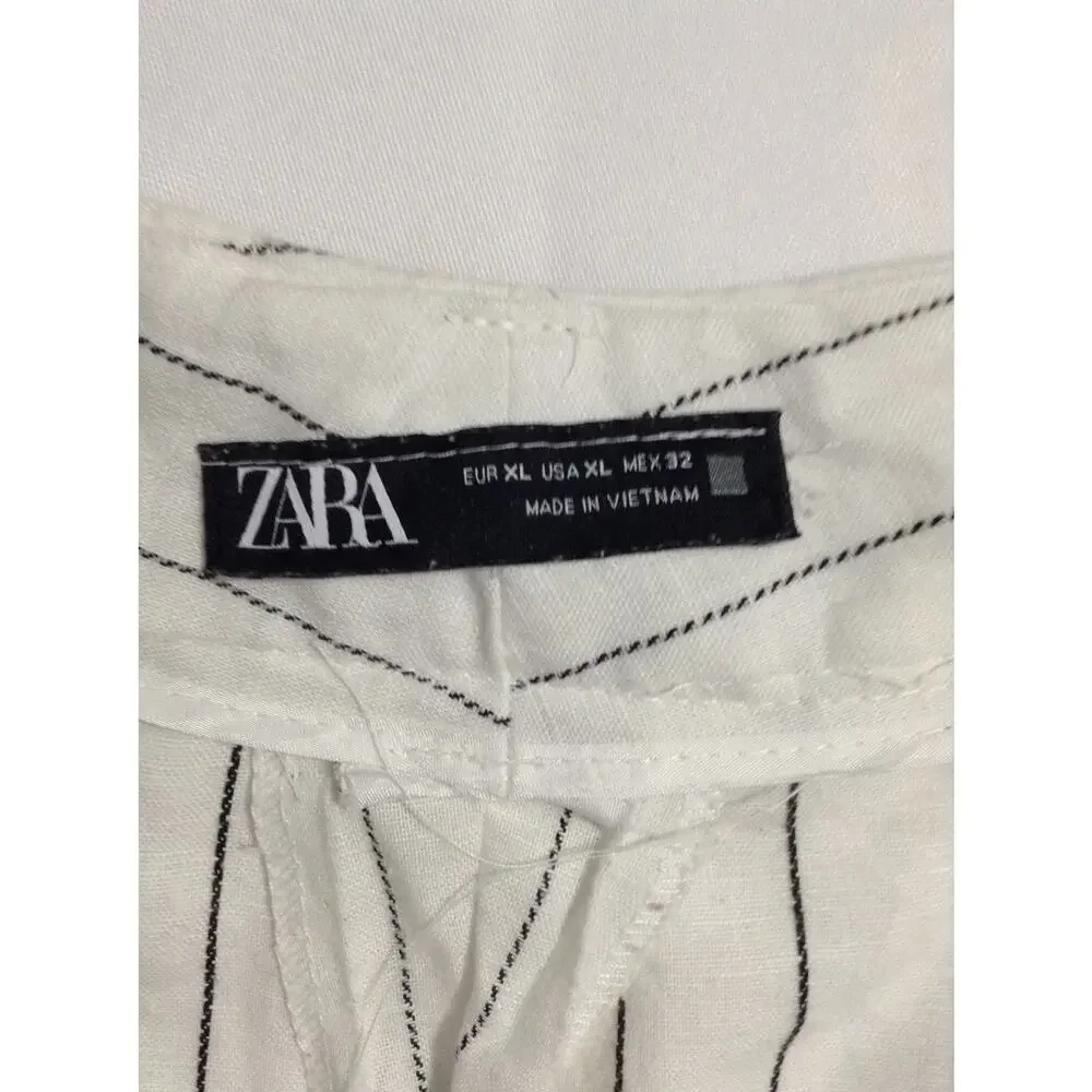 ZARA White Pinstripe Linen Blend Pants Women XL Wide Straight Leg Resort Beach